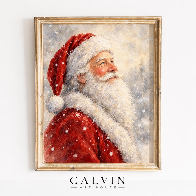 Instant download Christmas art featuring bearded yuletide icon in soft, textured brushwork style