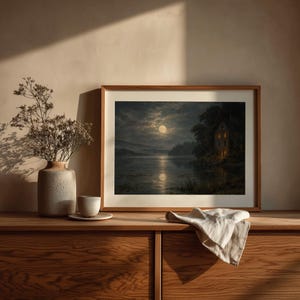 Gothic landscape picture for office — vintage artwork of manor house nestled in trees beside glowing moonlit lake