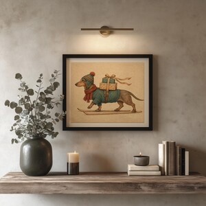 Festive pup in knit sweater digital print — charming holiday gift-carrying character illustration
