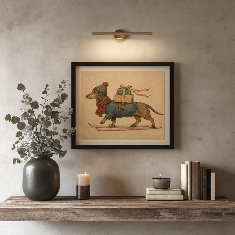 Festive pup in knit sweater digital print — charming holiday gift-carrying character illustration