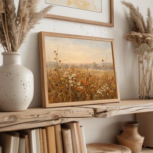 Countryside landscape print for hallway — soft brushwork autumn field with daisy blooms and serene woodland horizon