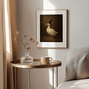 Enchanted duck digital print for gallery wall — creepy cute seasonal artwork with earthy palette
