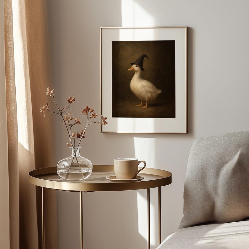 Enchanted duck digital print for gallery wall — creepy cute seasonal artwork with earthy palette