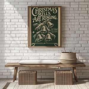 Classic Christmas Bells illustrated picture for home — vintage-style reproduction with cream and ornamental details