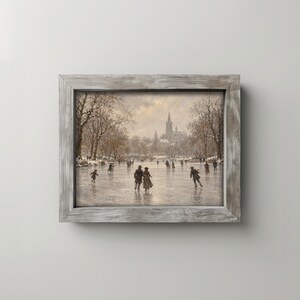 Frozen lake painting wall art — nostalgic holiday landscape with skaters in classic European countryside