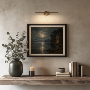 Romantic-gothic moonlit scene wall art for living space — shadowy trees, stone house, and ethereal moon reflection
