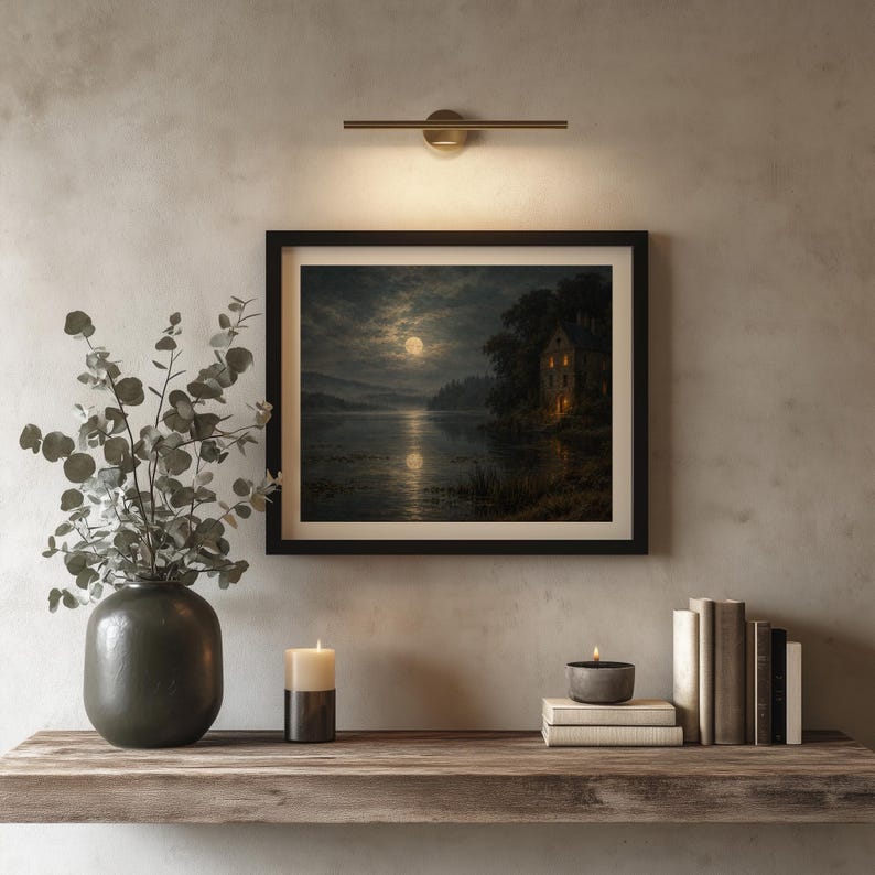 Romantic-gothic moonlit scene wall art for living space — shadowy trees, stone house, and ethereal moon reflection