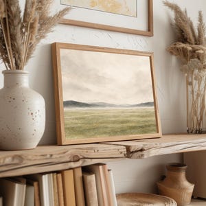 Minimalist pastoral painting for bedroom — serene open meadow with textured brushwork
