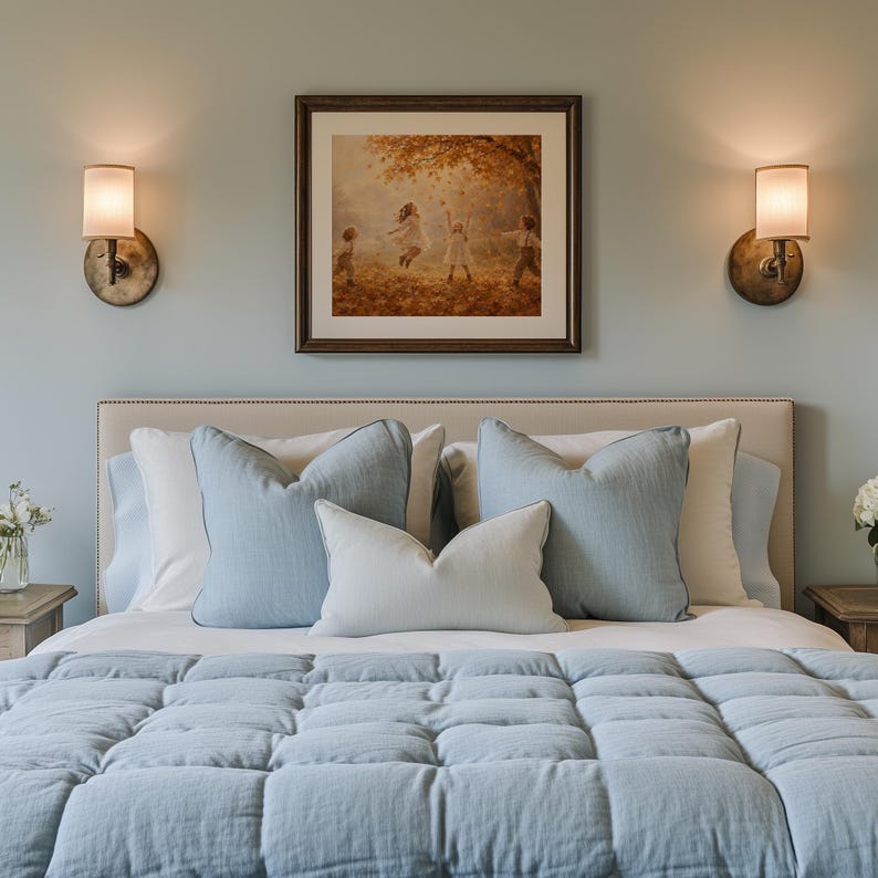 Joyful kids amid autumn foliage wall print for bedroom — timeless vintage farmhouse art with soft golden palette
