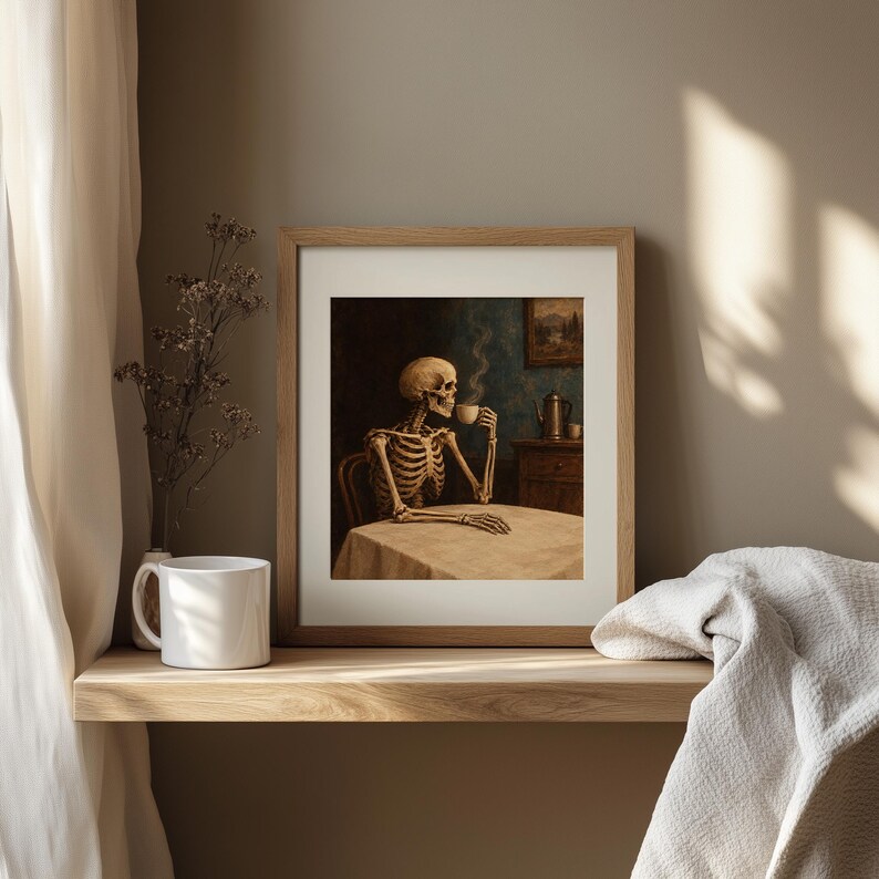 Skull with hot beverage digital download print for study — darkly funny vintage Halloween artwork