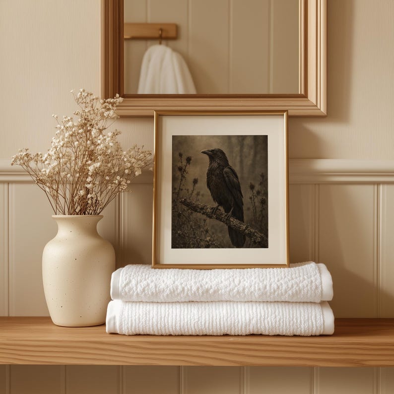 Eerie forest raven digital artwork instant download — gothic-inspired with muted tones and forgotten woodland vibes
