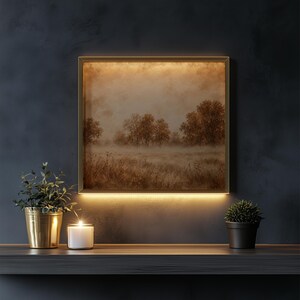 Vintage countryside picture for home office — soft-focus trees and drifting fog with rustic character