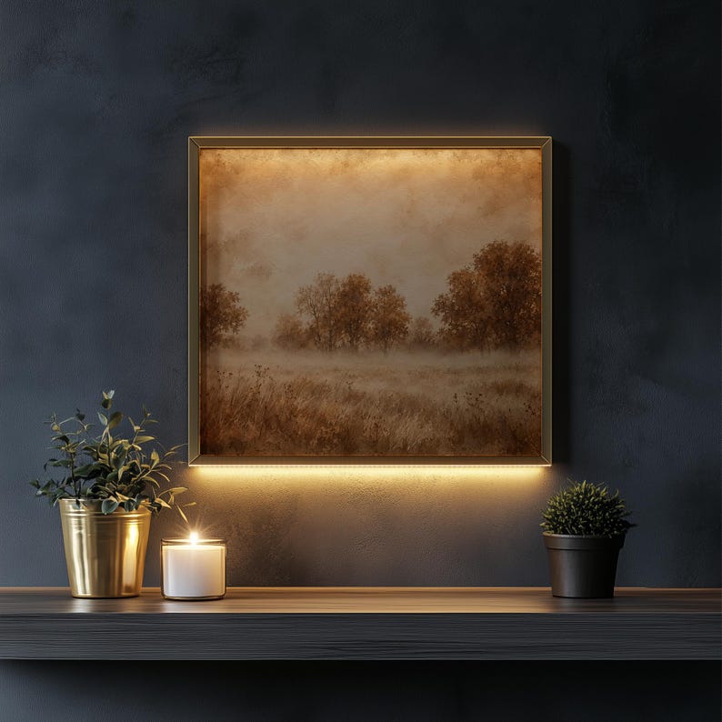 Vintage countryside picture for home office — soft-focus trees and drifting fog with rustic character