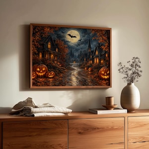 Spooky street scene painting digital download for den — richly textured vintage-style rendering of haunted village path and sky