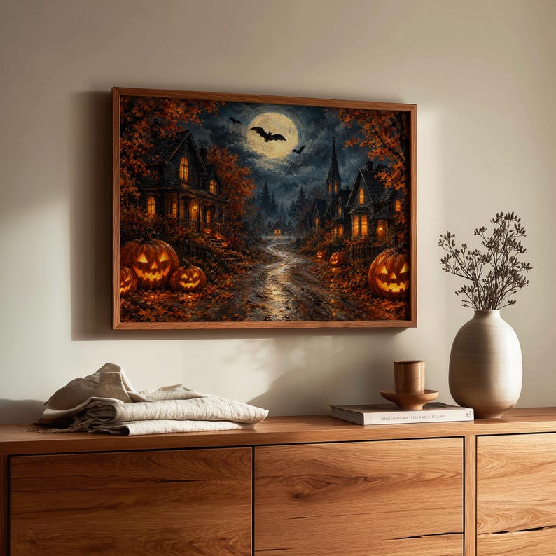 Spooky street scene painting digital download for den — richly textured vintage-style rendering of haunted village path and sky
