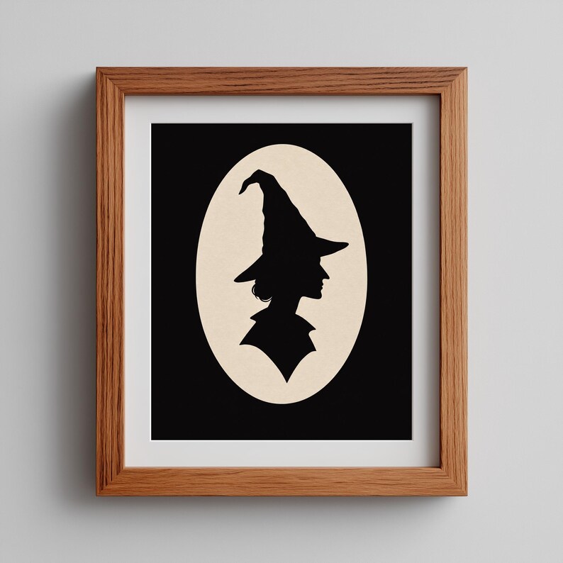 Mystical practitioner silhouette poster for hallway — elegant profile portrait with dramatic pointed hat silhouette shape