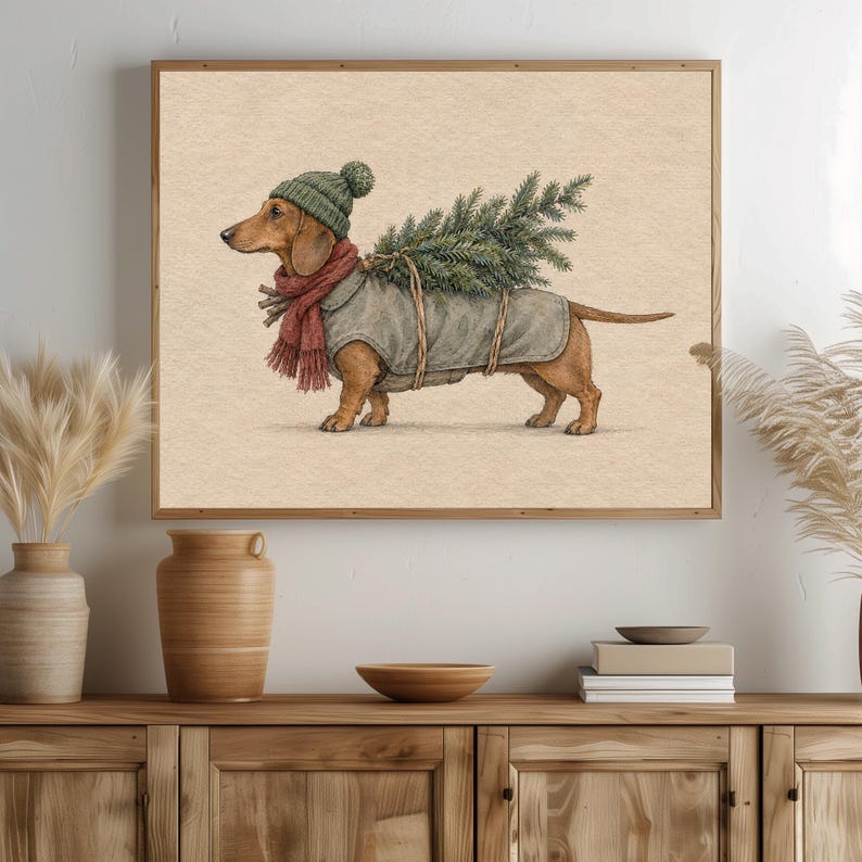 Long-bodied pup with Christmas tree artwork poster — muted palette rustic seasonal decor