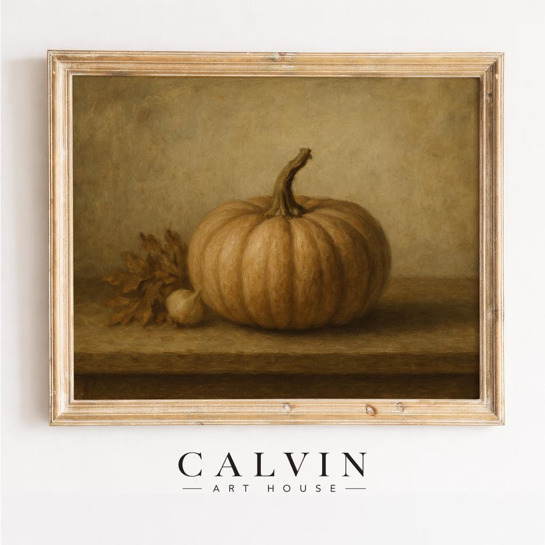 Fall produce wall art instant download — moody rustic still life painting with softly blurred dark backdrop