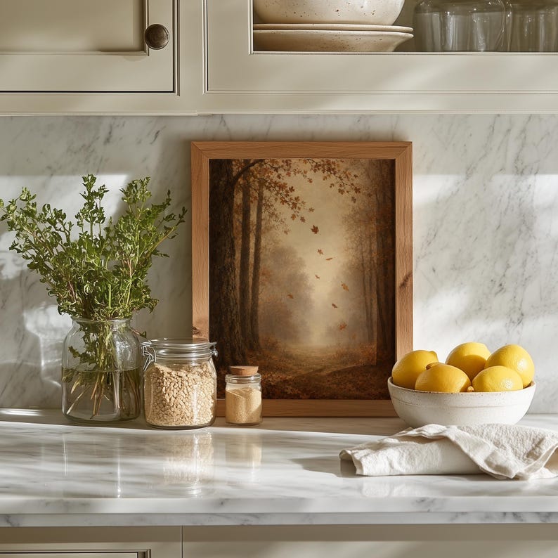 Moody landscape print — vintage wooded pathway with gentle leaf drift and warm golden-brown color palette