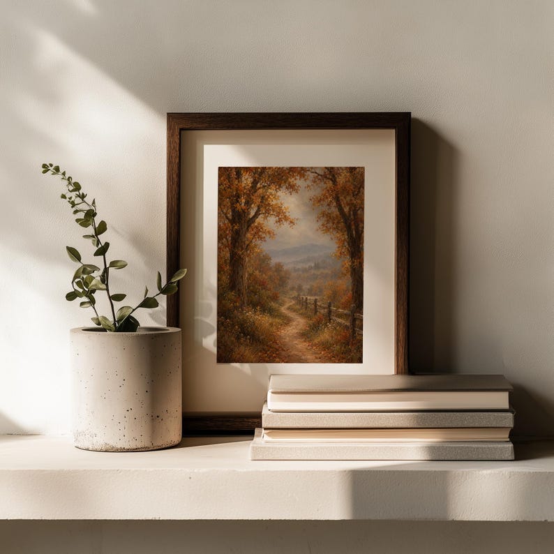 Scenic mountain path picture for entryway — nostalgic landscape art featuring golden trees and hazy distance
