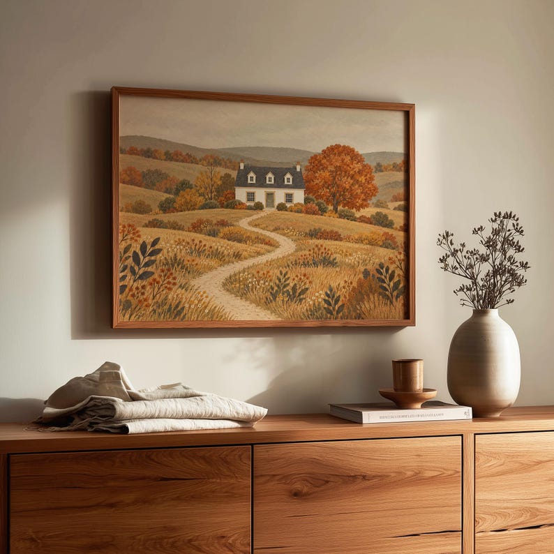Countryside estate digital artwork for hallway — cream cottage with vibrant orange tree and soft overcast sky