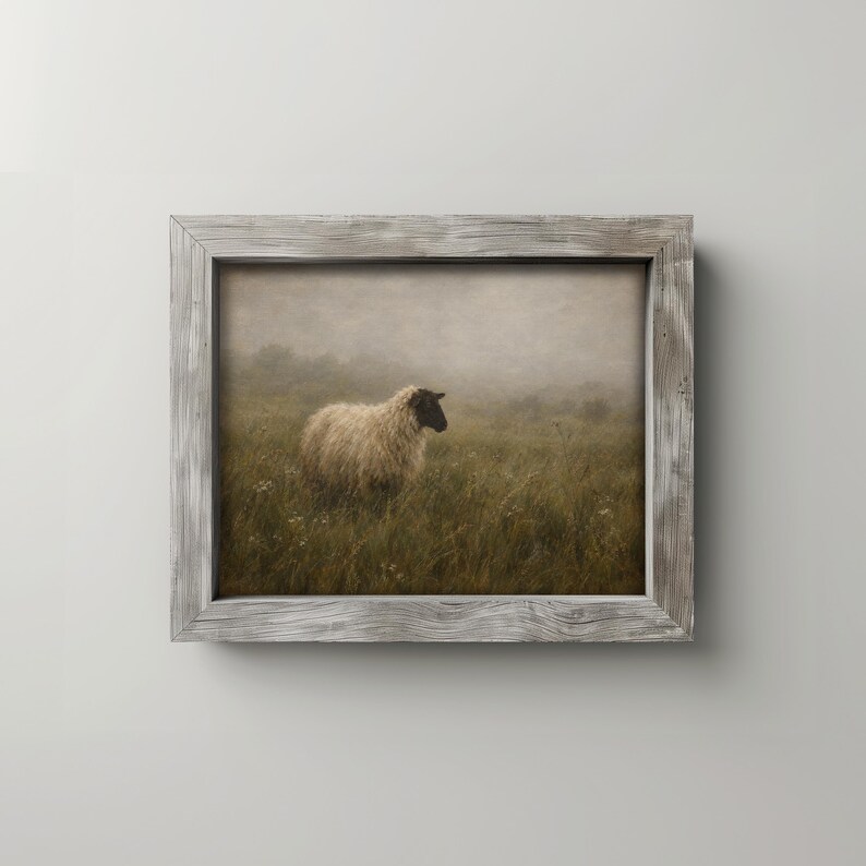 Lone sheep artwork featuring tall grasses — serene rustic print with soft vintage aesthetic