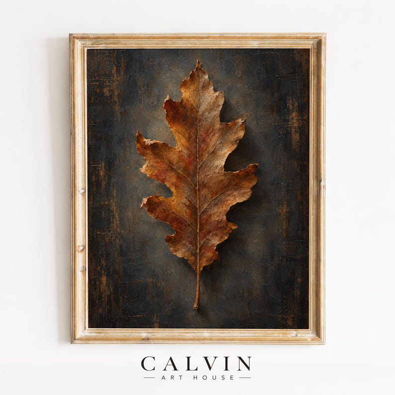 Antique-style autumn foliage poster printable download — weathered oak leaf study print