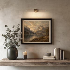 Classic peak reflection artwork featuring pastoral shoreline — moody vintage nature print for home
