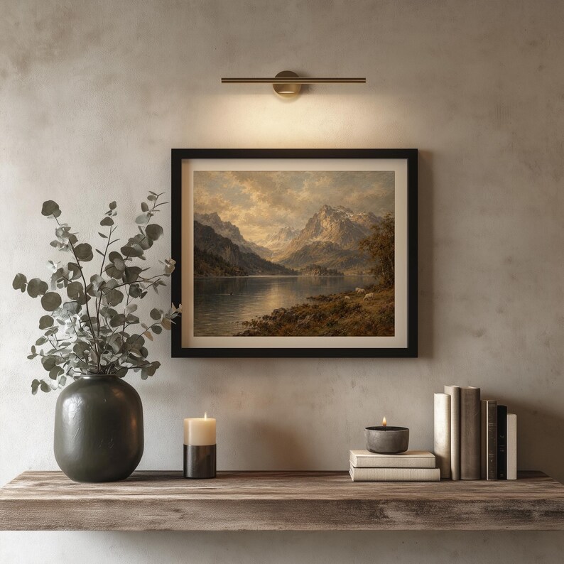 Classic peak reflection artwork featuring pastoral shoreline — moody vintage nature print for home