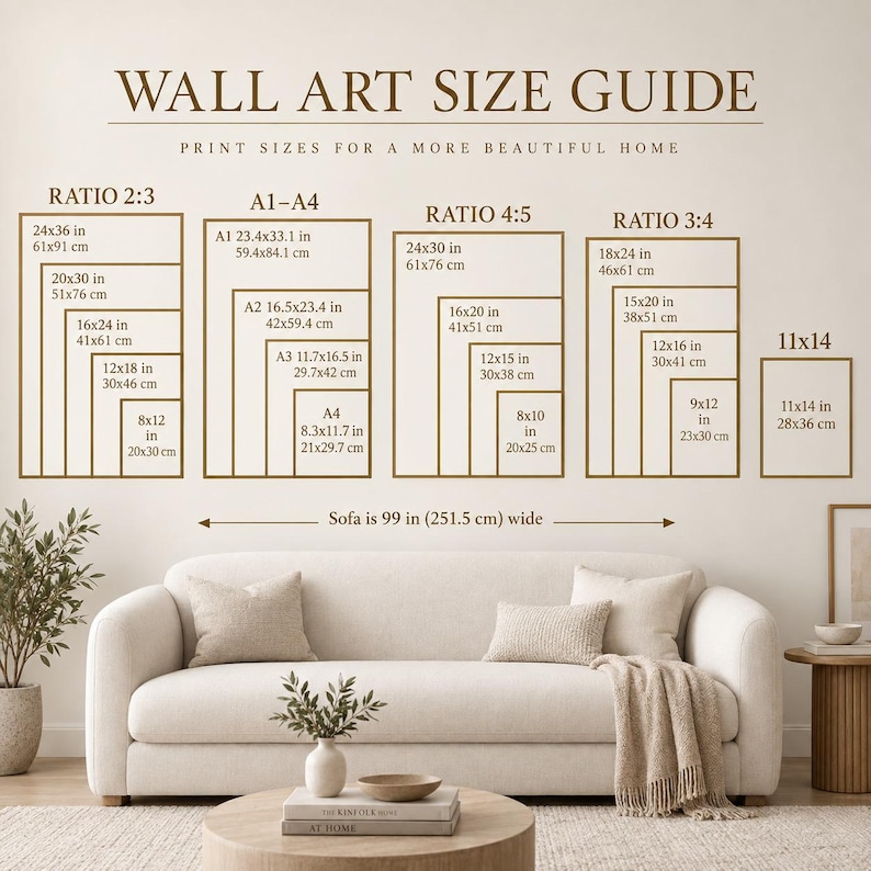 May include: A wall art size guide chart featuring text and outlines for various print dimensions including ratios 2:3, A1-A4, 4:5, 3:4, and 11x14. The chart displays measurements in inches and centimeters, positioned above a beige sofa and coffee table.