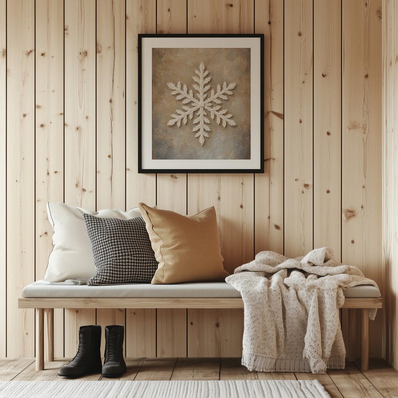 Feathery winter crystal wall picture for cabin — weathered painterly design with cozy rustic charm