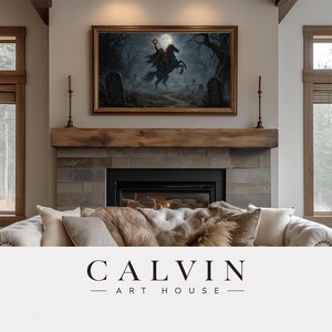 Cloaked horseman Frame TV art for Halloween — galloping through misty cemetery with twisted trees, dark moody digital art download