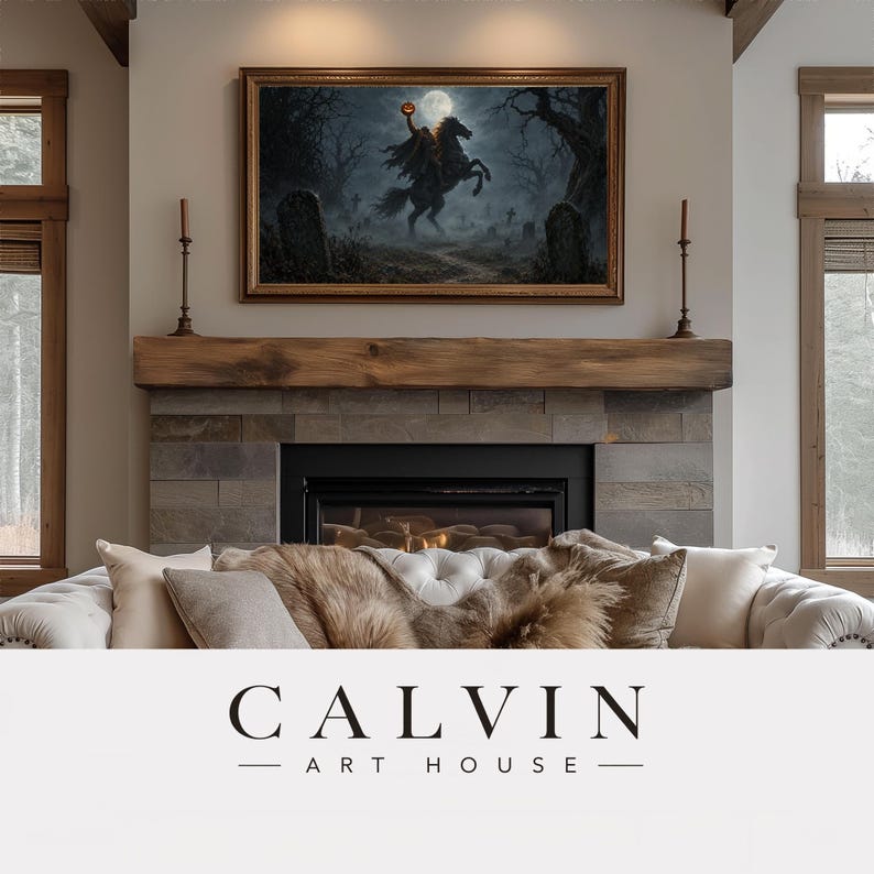 Cloaked horseman Frame TV art for Halloween — galloping through misty cemetery with twisted trees, dark moody digital art download
