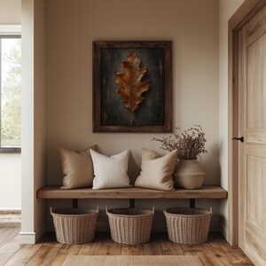 Botanical fall leaf picture for farmhouse decor — weathered brushwork with deep charcoal backdrop