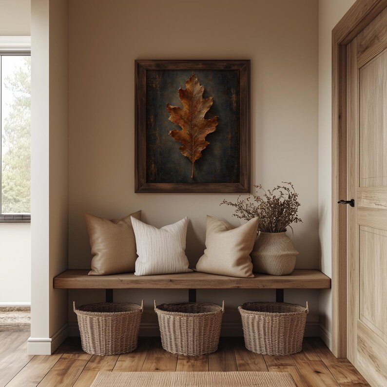 Botanical fall leaf picture for farmhouse decor — weathered brushwork with deep charcoal backdrop