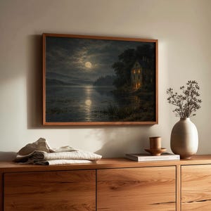 Mysterious waterside estate poster print featuring vintage painting style with theatrical mood and deep color palette
