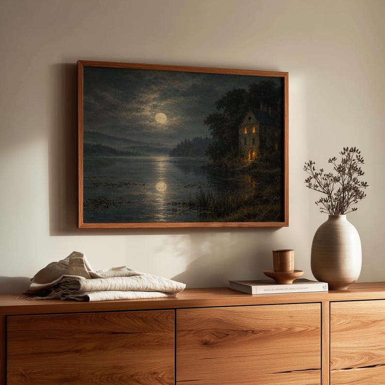 Mysterious waterside estate poster print featuring vintage painting style with theatrical mood and deep color palette