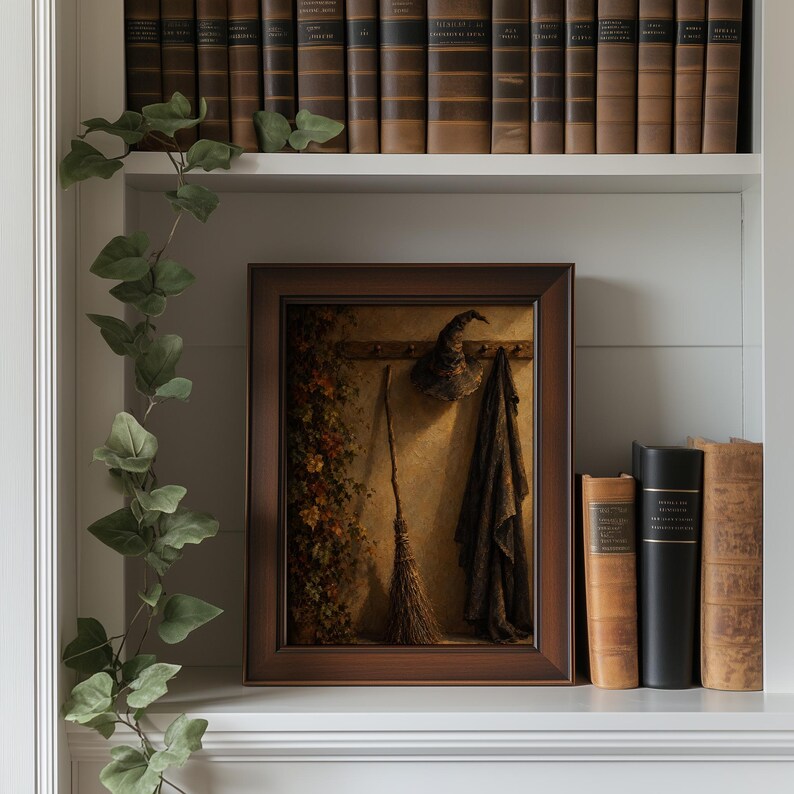 Mysterious dimensional poster of hanging magical costume — dark academia interior wall art