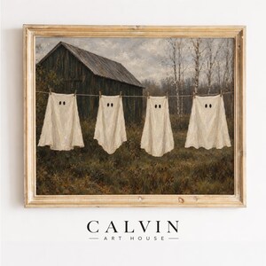 Ghost sheet laundry line painting wall art for bedroom — spooky farmhouse Halloween aesthetic with muted earth tones