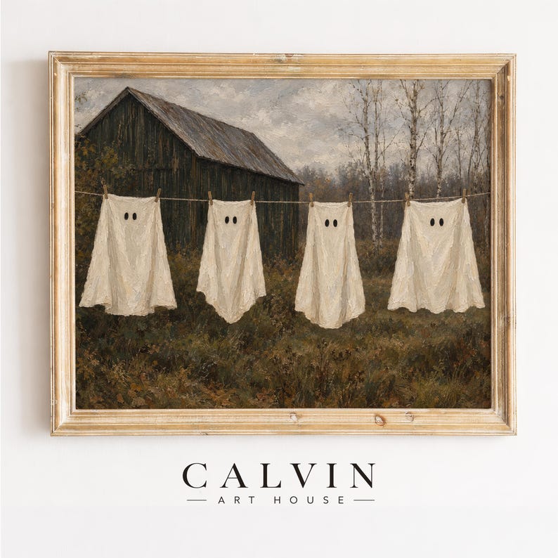 Ghost sheet laundry line painting wall art for bedroom — spooky farmhouse Halloween aesthetic with muted earth tones
