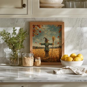 Scarecrow in golden wheat field printable art for farmhouse — rustic autumn harvest painting with vintage oil aesthetic