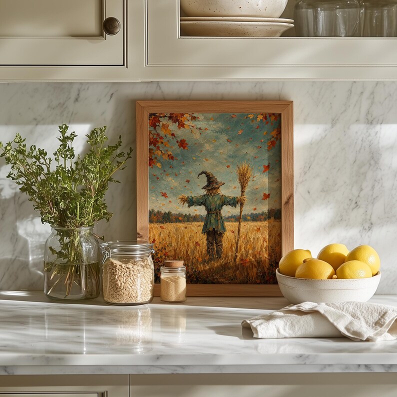 Scarecrow in golden wheat field printable art for farmhouse — rustic autumn harvest painting with vintage oil aesthetic