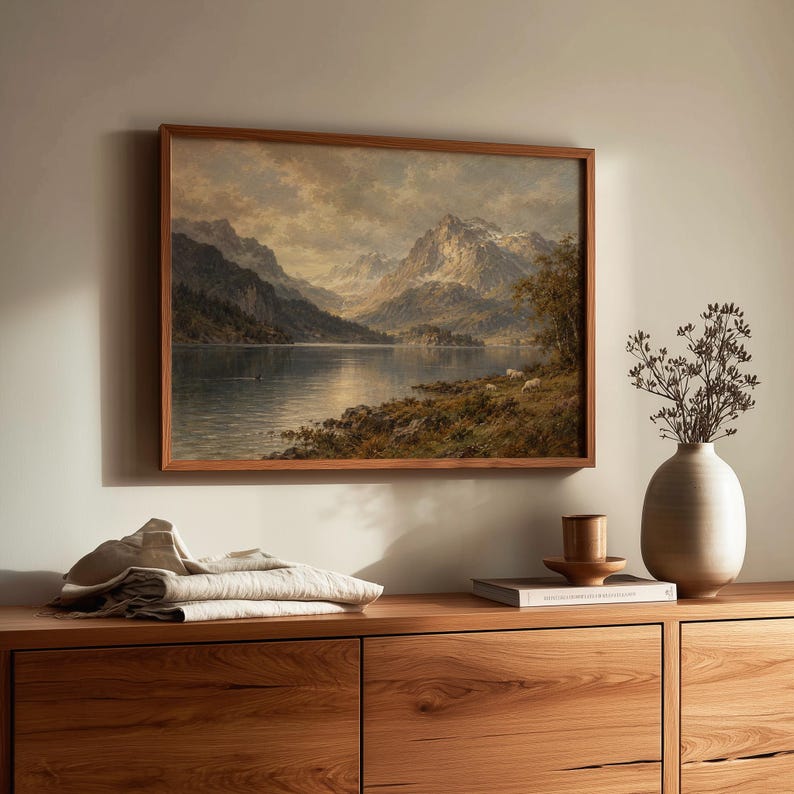 Dramatic peak landscape wall art with golden atmospheric light — vintage nature print for entryway