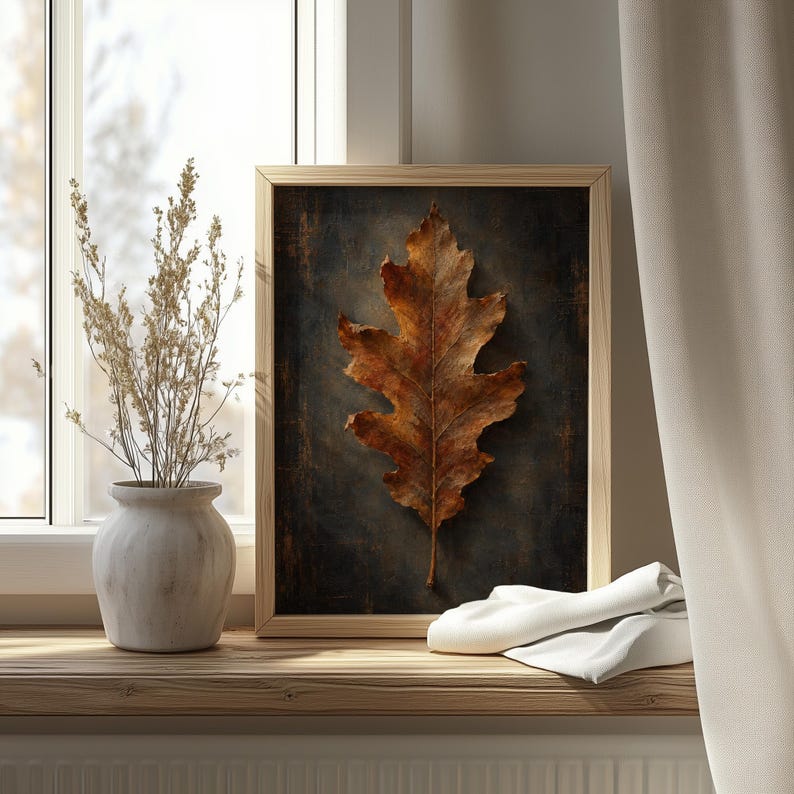 Heritage autumn leaf wall art printable — antique botanical featuring rich copper and rust hues
