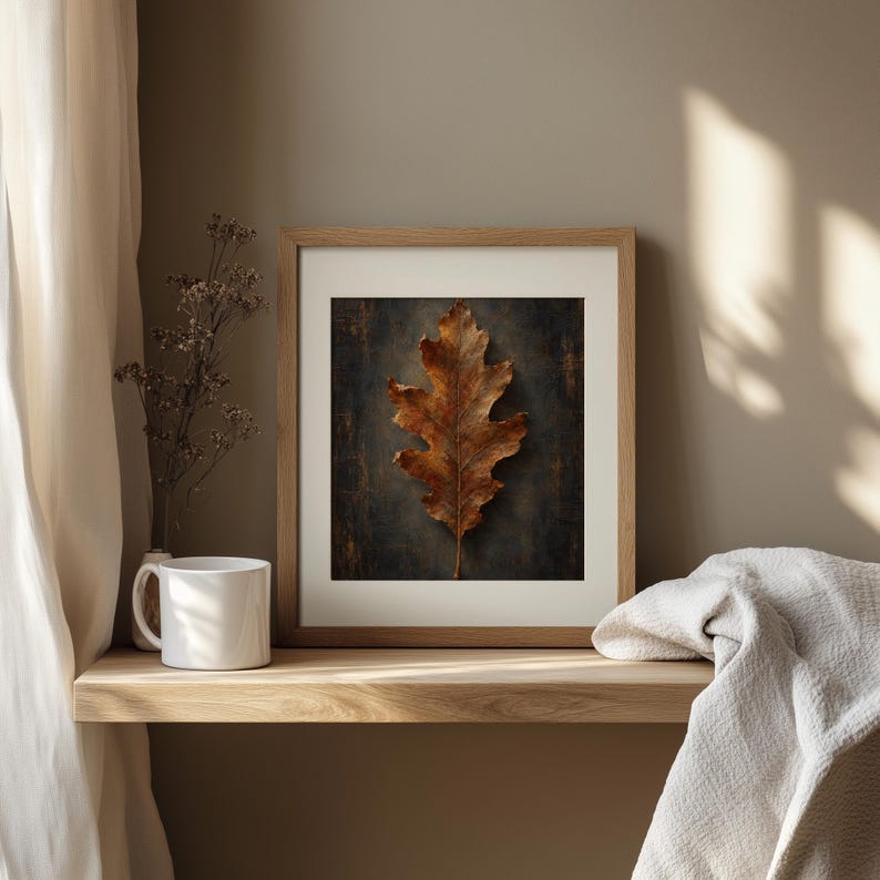 Golden brown leaf digital print for library — antique natural history illustration aesthetic