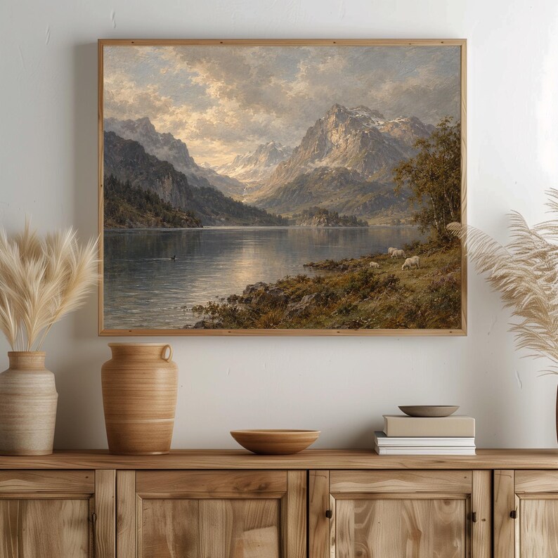 Moody mountain scene wall poster featuring wild grasses and pastoral elements — serene nature artwork