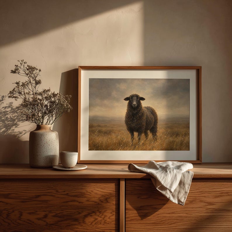 Farmhouse animal printable poster — rustic countryside artwork with soft hues and quiet reflective mood