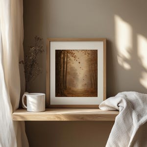 Autumn forest painting wall art — soft brushwork depicting secluded wooded pathway fading into fog