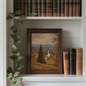 Autumn countryside poster printable for nursery — peaceful village landscape with soft textures