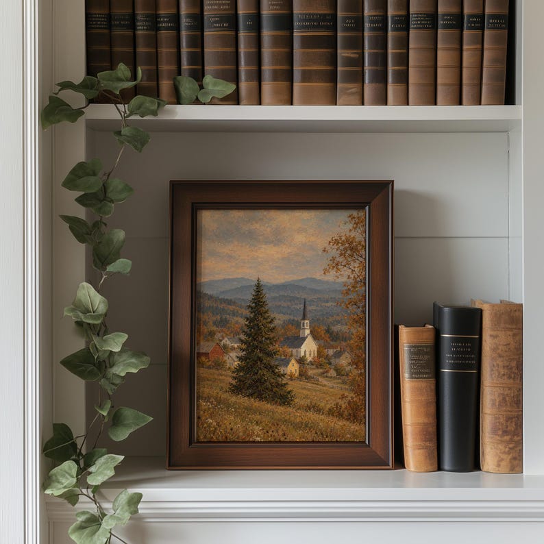 Autumn countryside poster printable for nursery — peaceful village landscape with soft textures